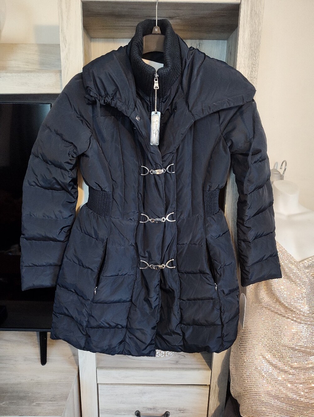 Jessica Simpson Black Quilted Puffer Coat with Decorative Clasps SZ Small